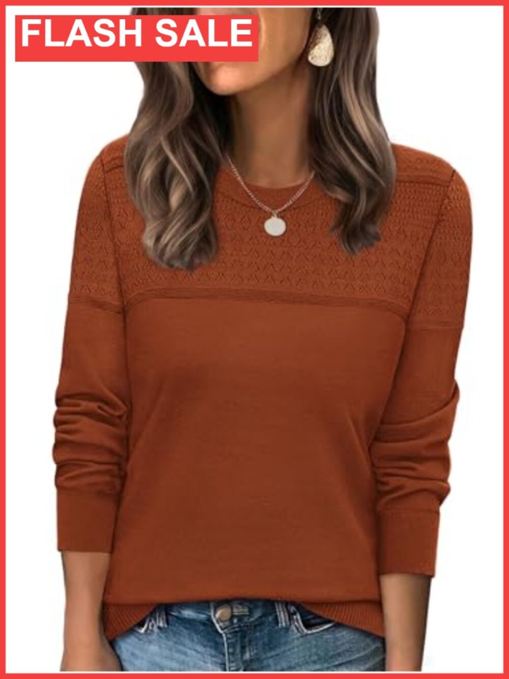 WIHOLL Women's Crochet Front Cable Knit Sweater Crewneck Long Sleeve Pullover